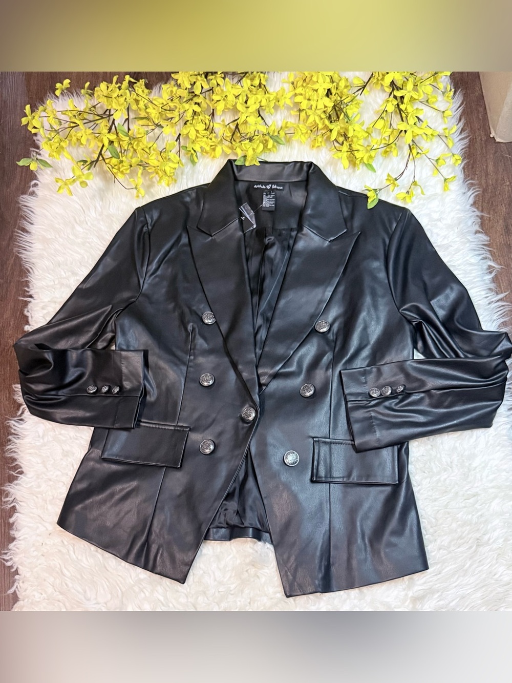 Amanda & Chelsea Black Faux Leather Double-Breasted Blazer Jacket